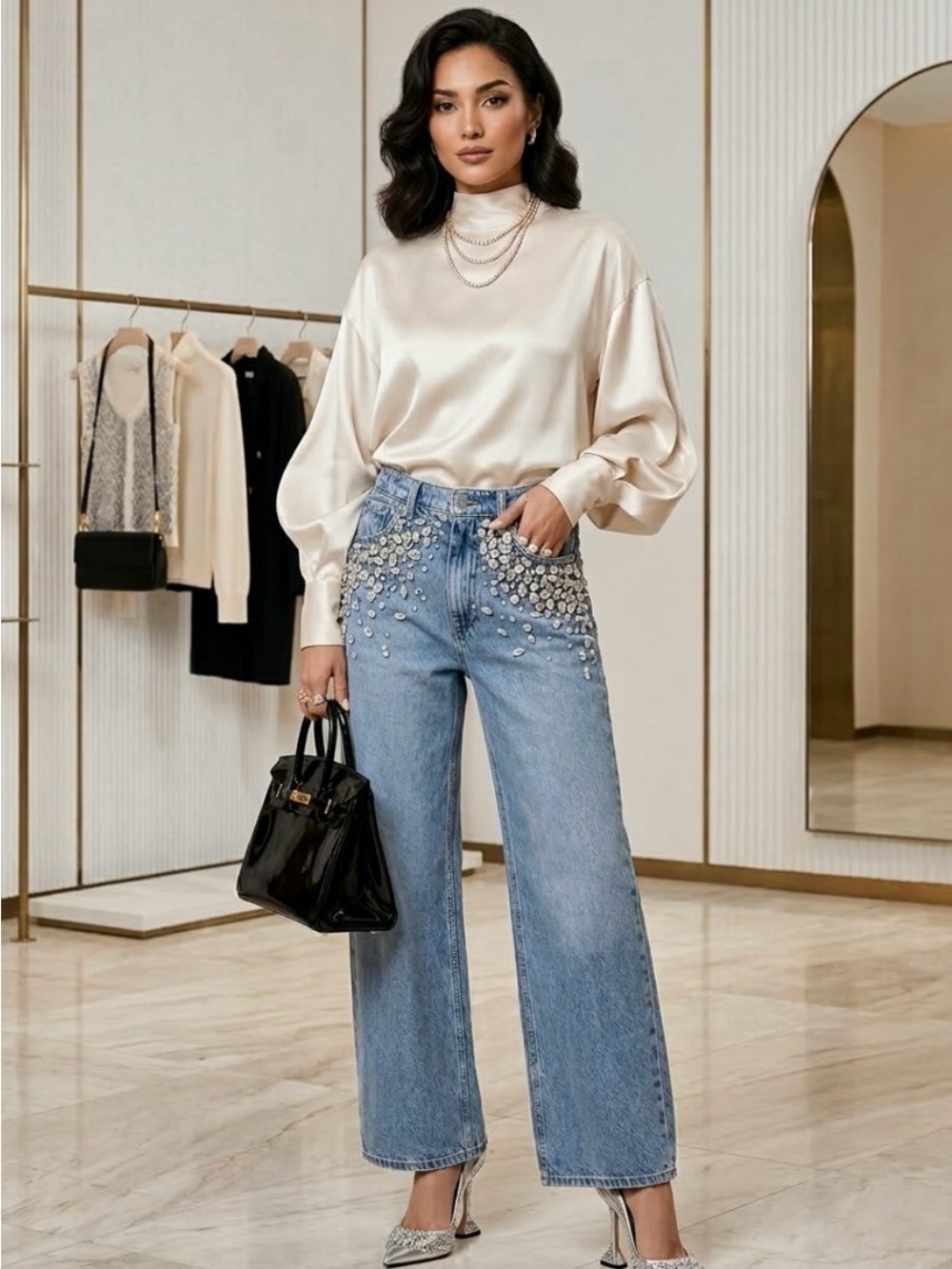 Torn By Ronny Kobo Women Samiran Embellished Wide Leg Jeans Sz 25/0-NWOT
